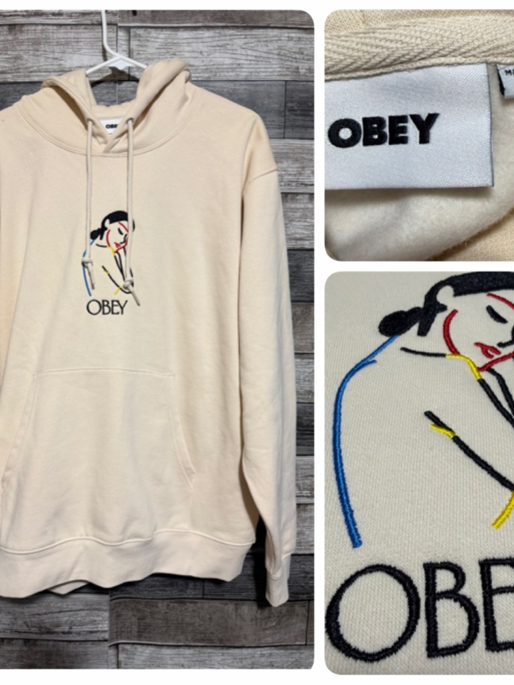 Obey Embroidered Woman Logo Hoodie Men’s L Cream Pullover Fleece